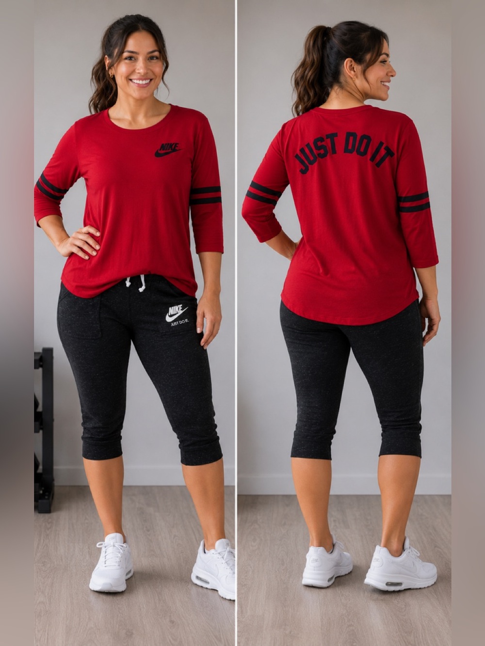 Nike Women's Red 'Just Do It' 3/4 Sleeve Top with Capri joggers - Picture 1 of 1